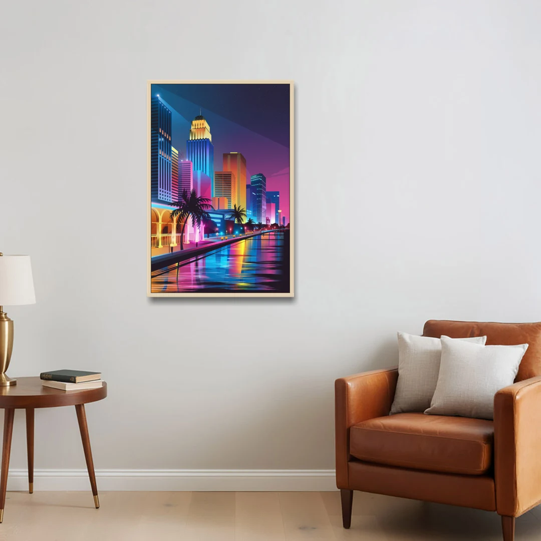 Miami Cityscape by Night - Oak Framed Canvas Wall Art - Sofa - 24x36