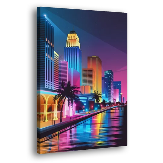 Miami Cityscape by Night - Canvas Wall Art - Side