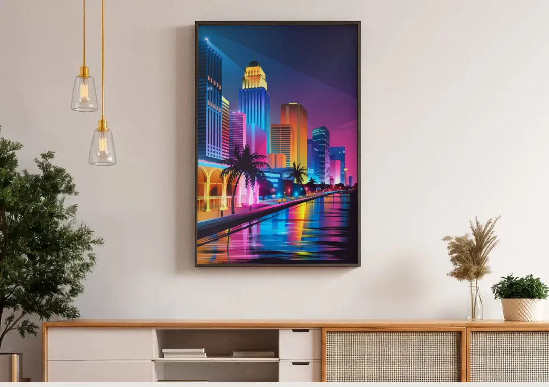 Miami Cityscape by Night canvas wall art above a wooden sideboard under pendant lights