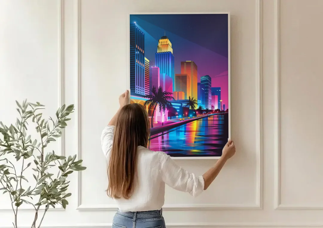 Miami Cityscape by Night canvas wall art being hung on a paneled wall