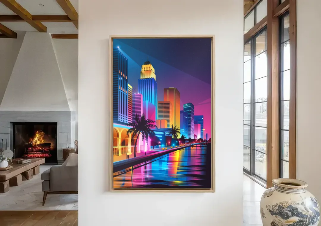 Miami Cityscape by Night canvas wall art in a living room with a fireplace