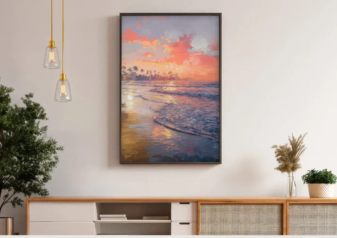 Miami Coastal Horizon canvas wall art above a wooden sideboard under pendant lights