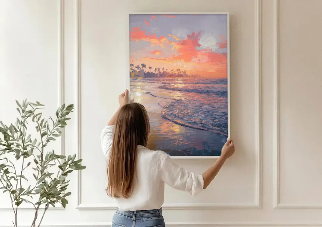 Miami Coastal Horizon canvas wall art being hung on a paneled wall