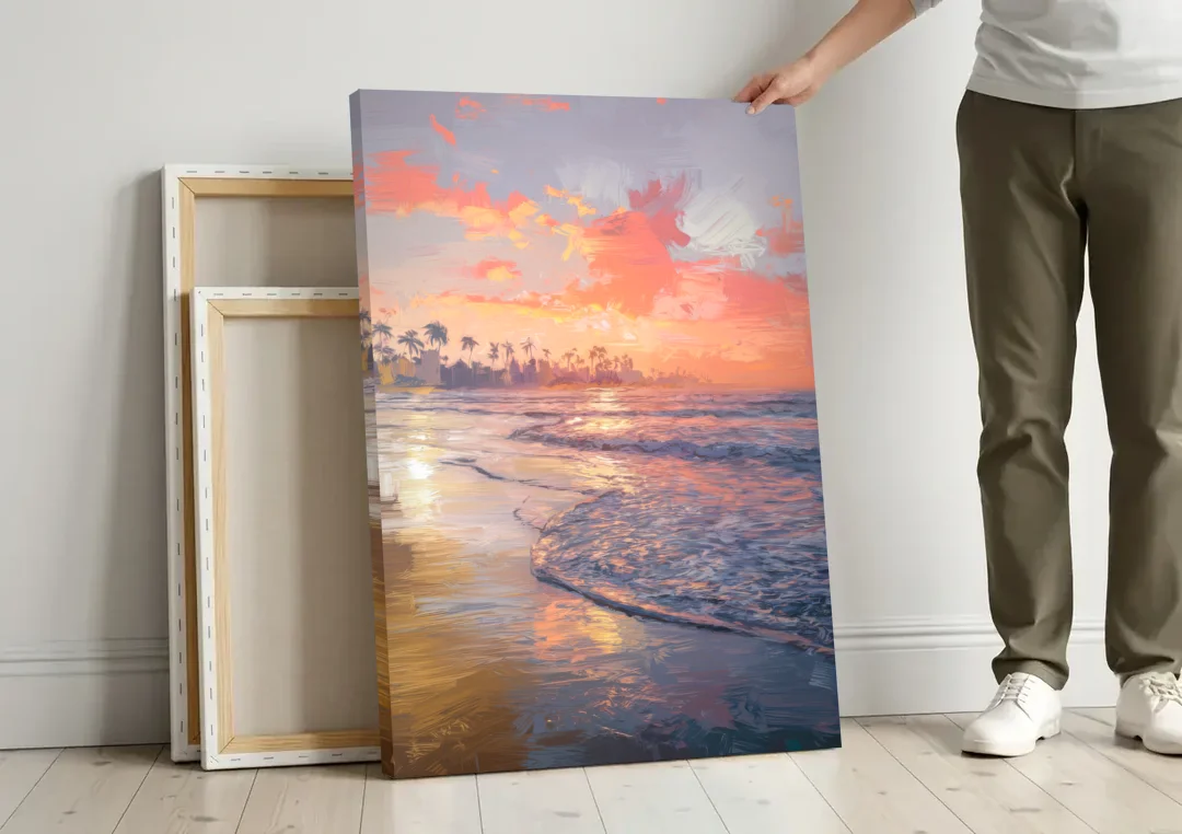 Miami Coastal Horizon canvas wall art leaning against a wall next to blank canvases