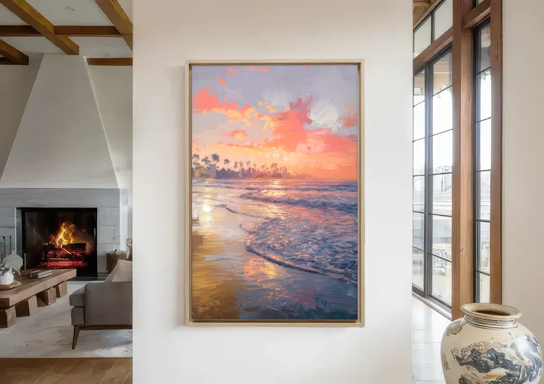 Miami Coastal Horizon canvas wall art in a living room with a fireplace