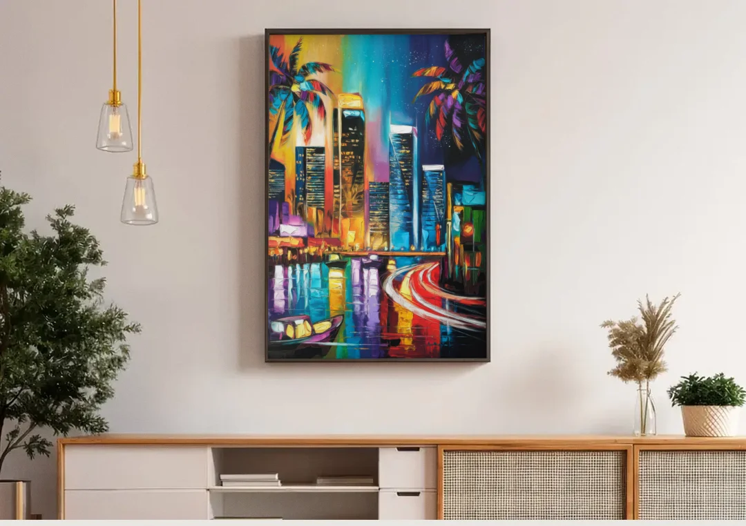 Miami Downtown Energy canvas wall art above a wooden sideboard under pendant lights