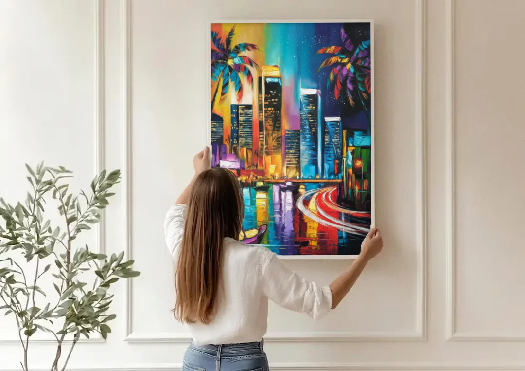 Miami Downtown Energy canvas wall art being hung on a paneled wall