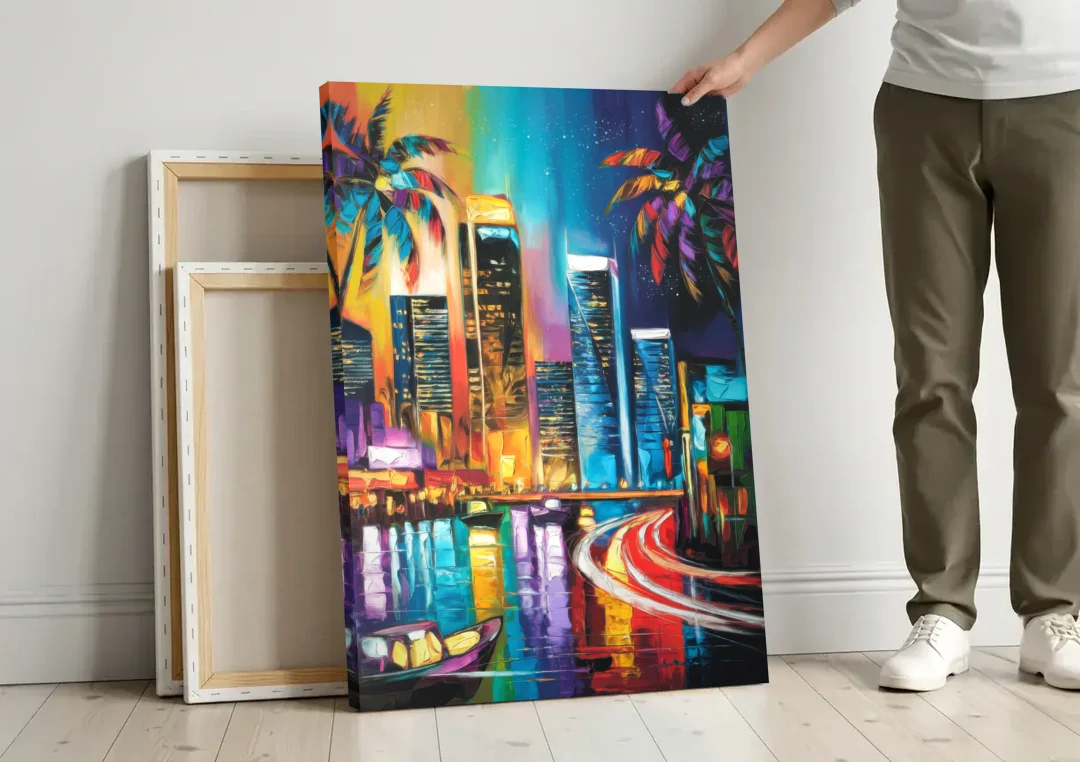 Miami Downtown Energy canvas wall art leaning against a wall next to blank canvases