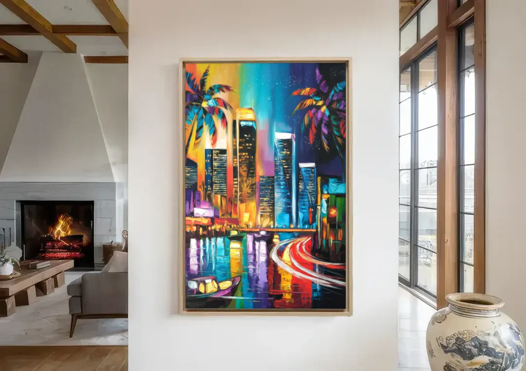 Miami Downtown Energy canvas wall art in a living room with a fireplace