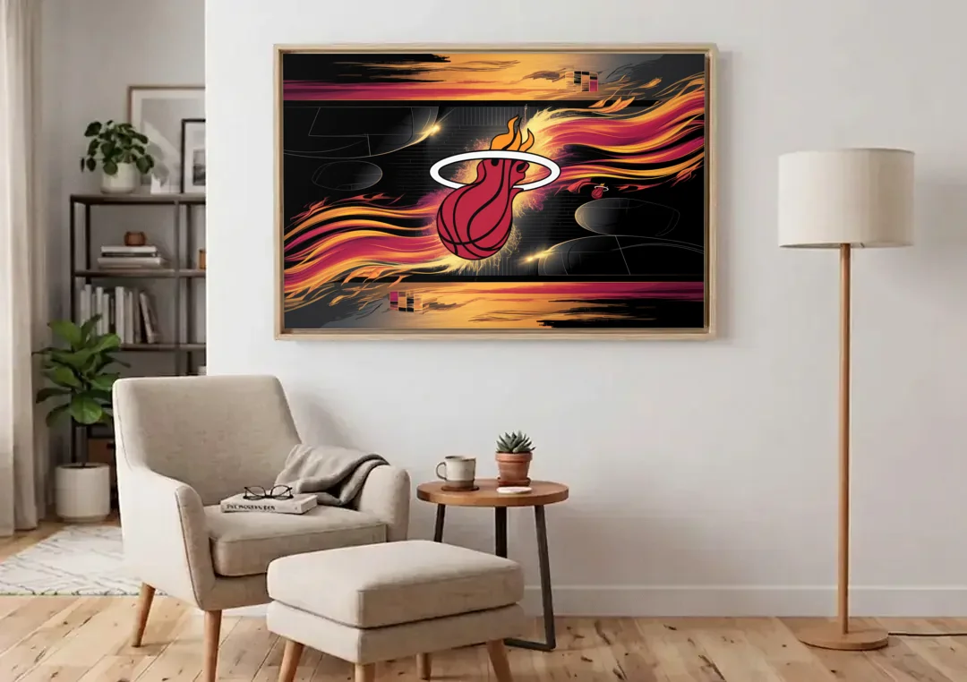 Miami Heat Basketball canvas wall art above an armchair in a bright living room