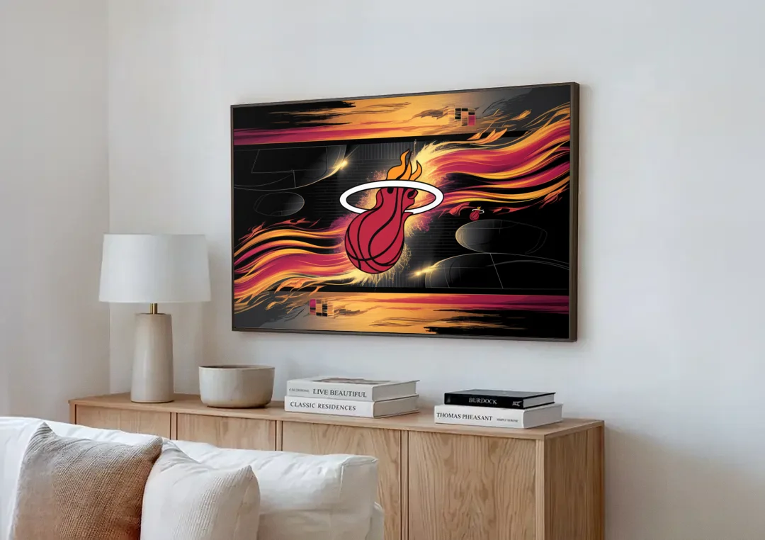 Miami Heat Basketball canvas wall art above a wooden sideboard next to a sofa