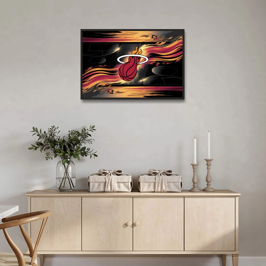 Miami Heat Basketball - Black Framed Canvas Wall Art - Coffee Table - 36x24