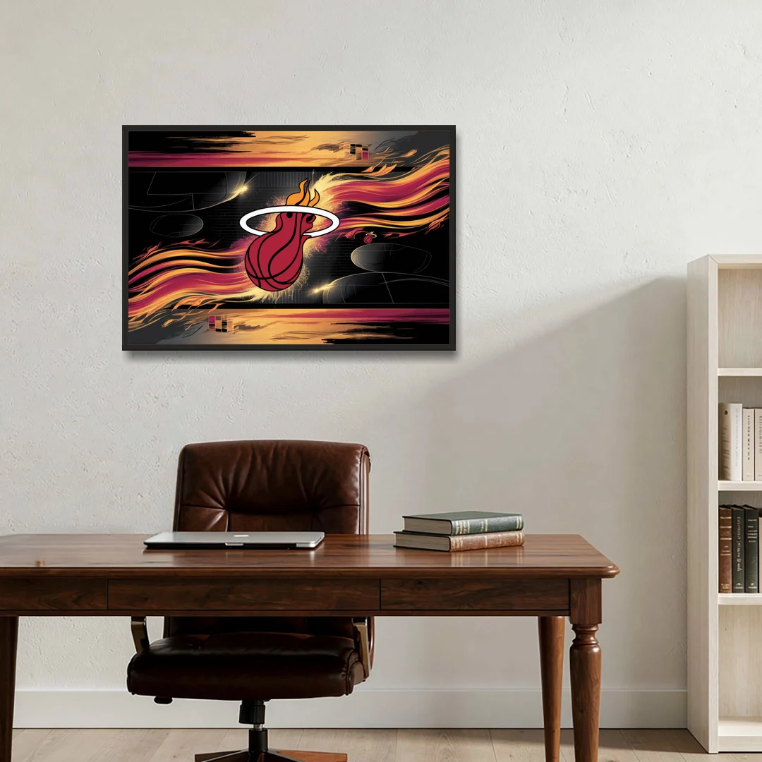 Miami Heat Basketball - Black Framed Canvas Wall Art - Office - 36x24