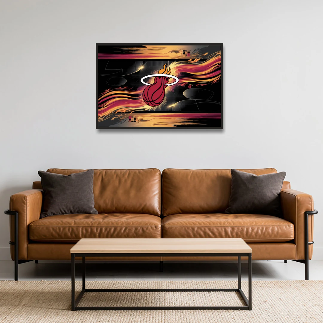 Miami Heat Basketball - Black Framed Canvas Wall Art - Sofa - 36x24