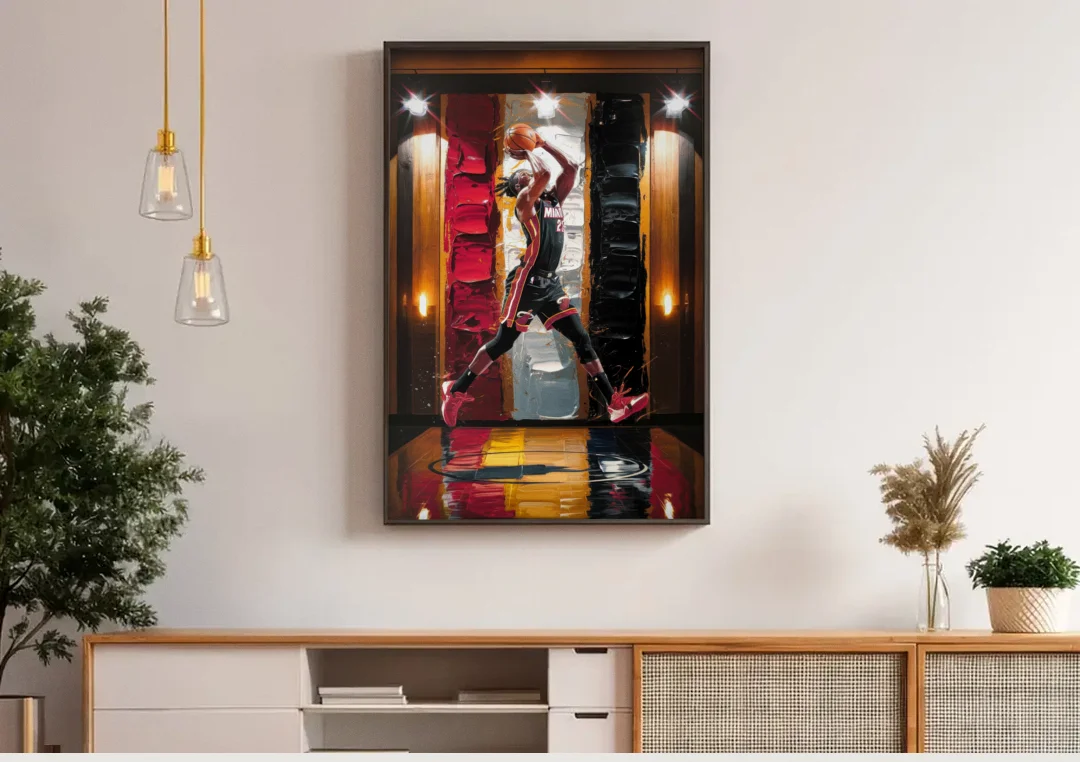 Miami Heat Court Action canvas wall art above a wooden sideboard under pendant lights