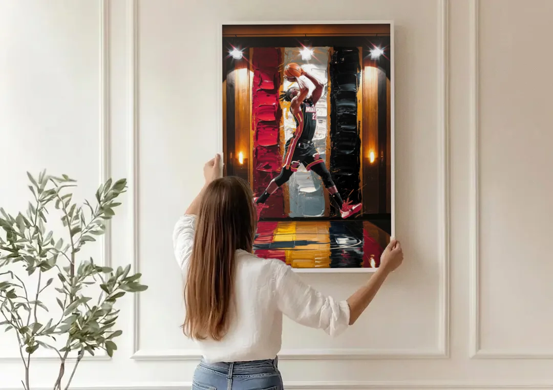 Miami Heat Court Action canvas wall art being hung on a paneled wall
