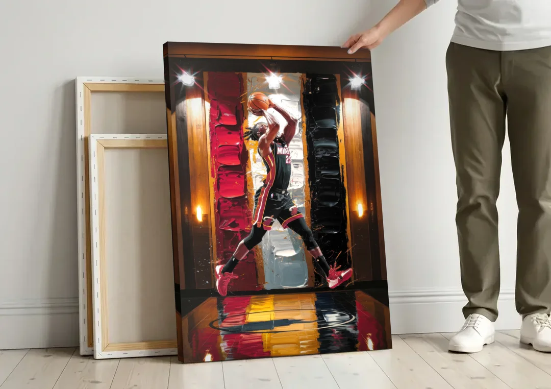 Miami Heat Court Action canvas wall art leaning against a wall next to blank canvases