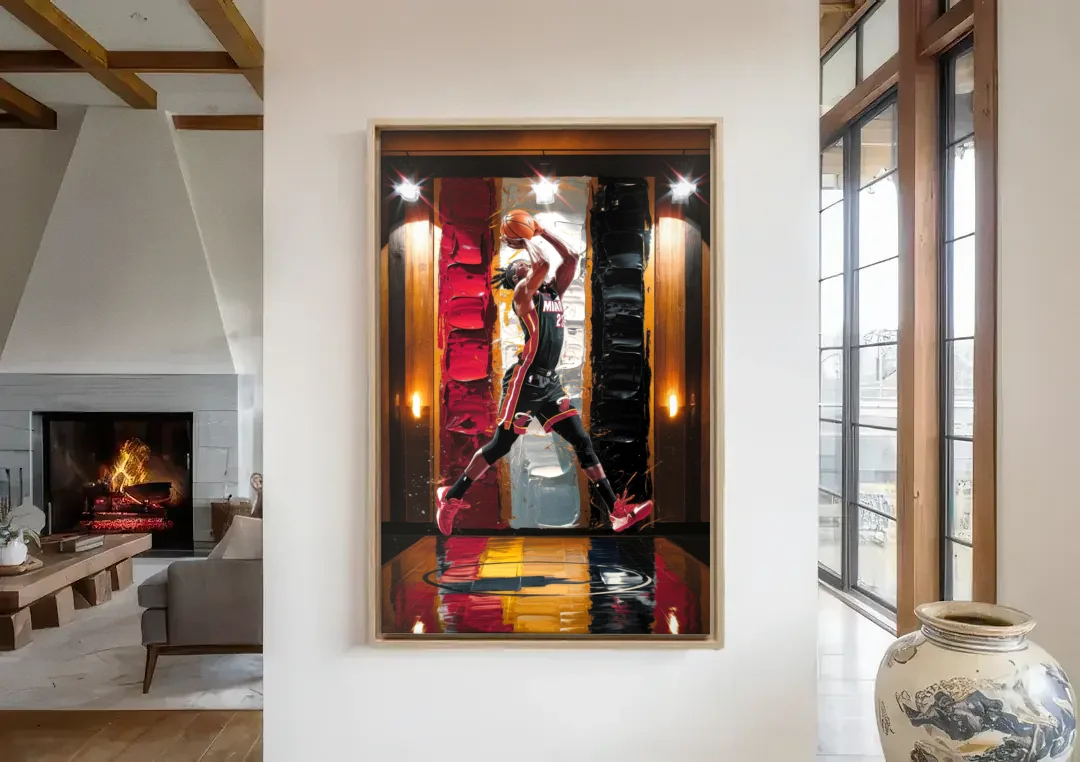 Miami Heat Court Action canvas wall art in a living room with a fireplace