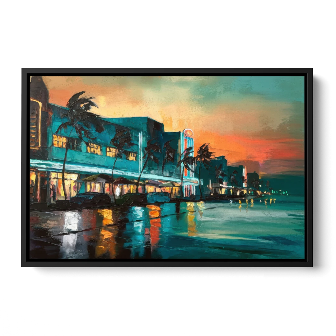 Miami Ocean Drive Lights - Black Framed Canvas Wall Art - Front