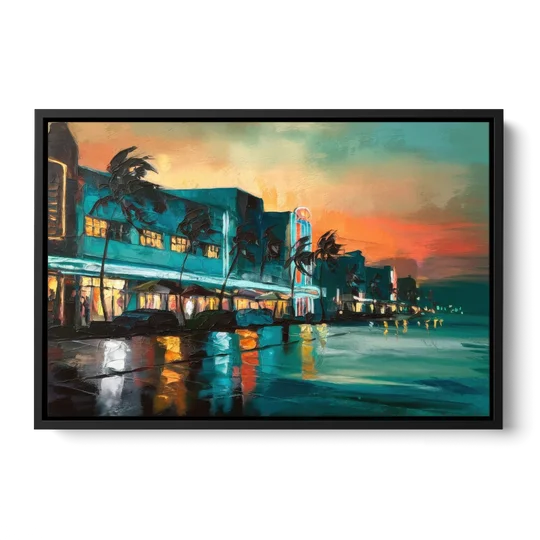 Miami Ocean Drive Lights - Black Framed Canvas Wall Art - Front