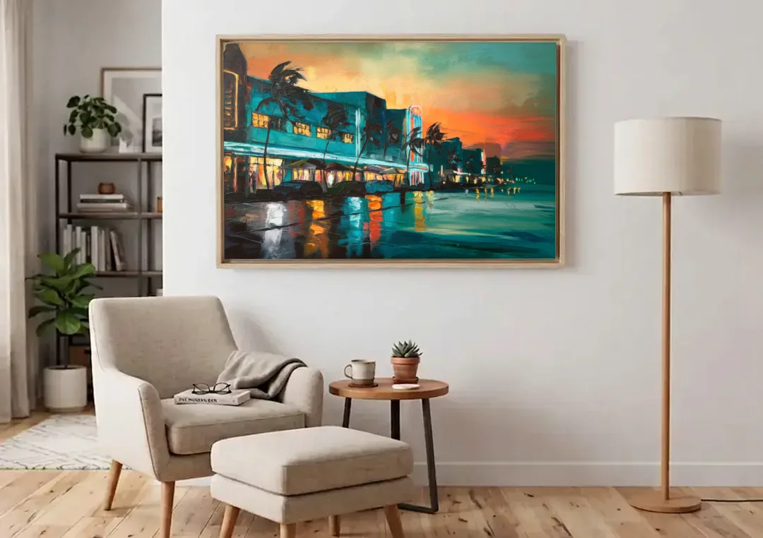 Miami Ocean Drive Lights canvas wall art above an armchair in a bright living room