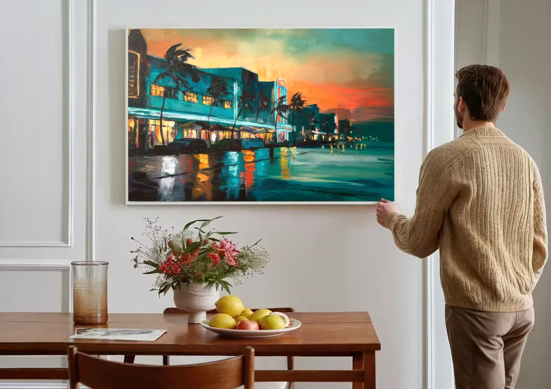 Miami Ocean Drive Lights canvas wall art above a dining table