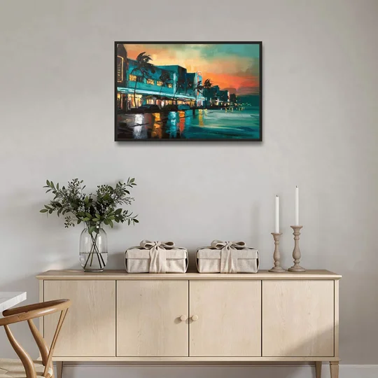 Miami Ocean Drive Lights - Black Framed Canvas Wall Art - Coffee Table - 36x24