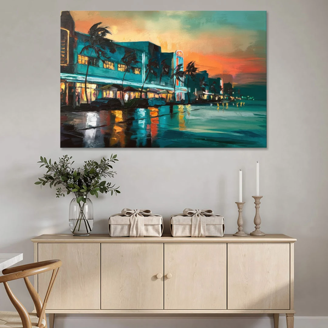 Miami Ocean Drive Lights - Canvas Wall Art - Coffee Table - 60x40