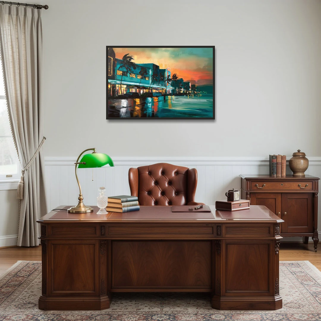Miami Ocean Drive Lights - Black Framed Canvas Wall Art - Office - 36x24