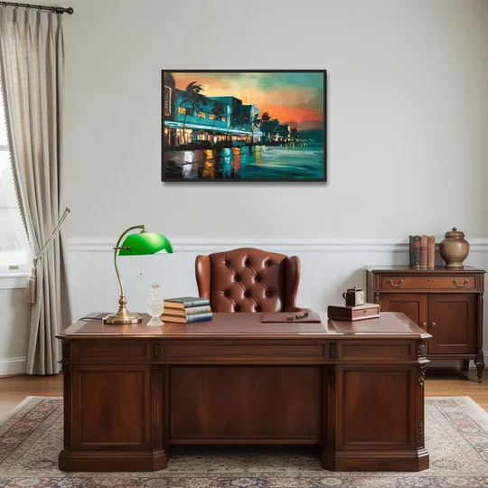 Miami Ocean Drive Lights - Black Framed Canvas Wall Art - Office - 36x24