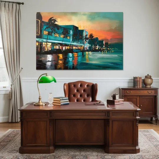 Miami Ocean Drive Lights - Canvas Wall Art - Office - 60x40