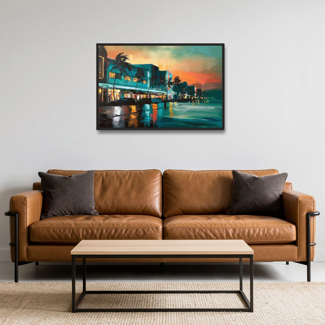 Miami Ocean Drive Lights - Black Framed Canvas Wall Art - Sofa - 36x24