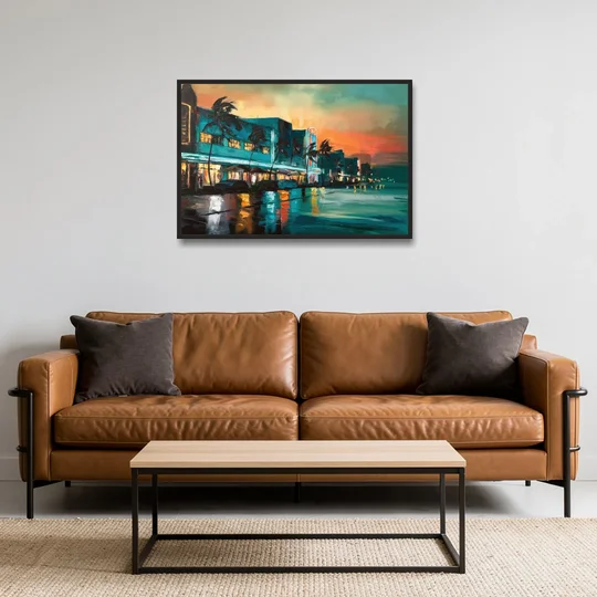 Miami Ocean Drive Lights - Black Framed Canvas Wall Art - Sofa - 36x24