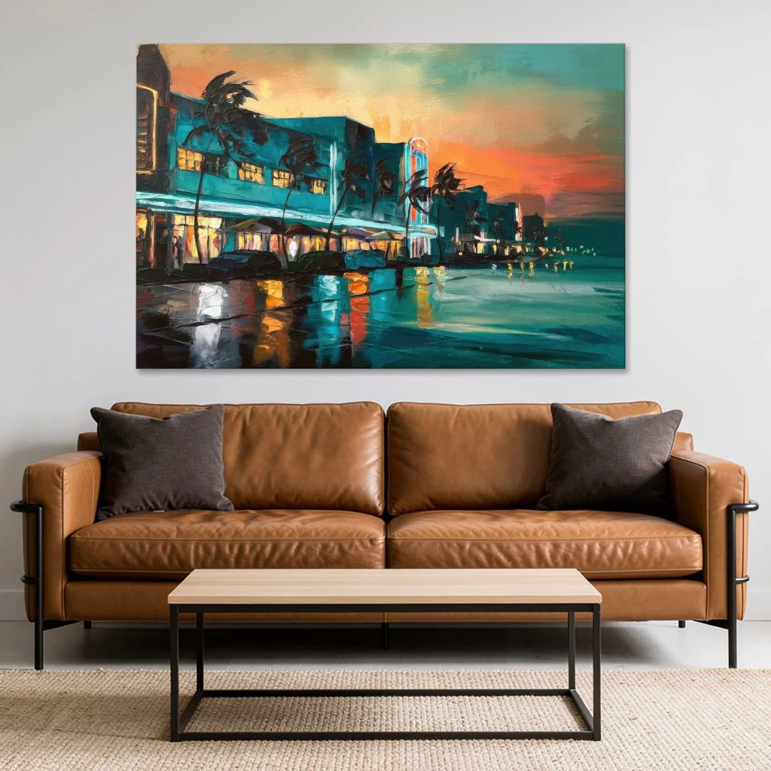 Miami Ocean Drive Lights - Canvas Wall Art - Sofa - 60x40