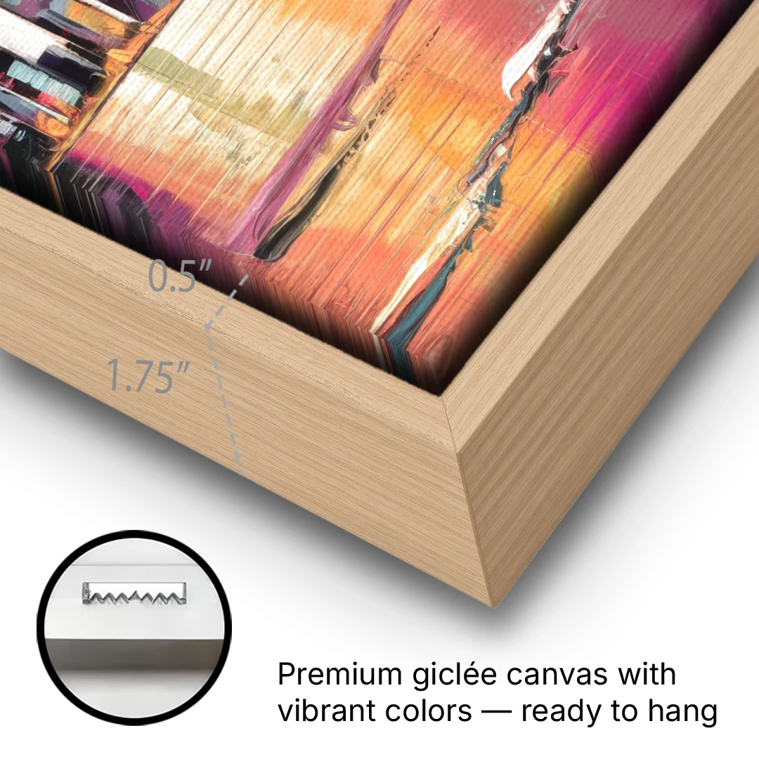 Miami Palm Trees and Sunset - Oak Framed Canvas Wall Art - Gallery Wrap Corner