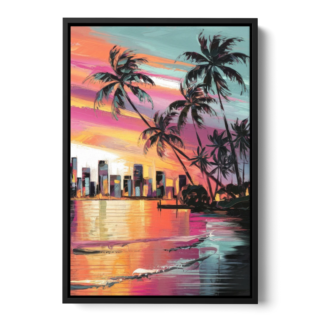 Miami Palm Trees and Sunset - Black Framed Canvas Wall Art - Front