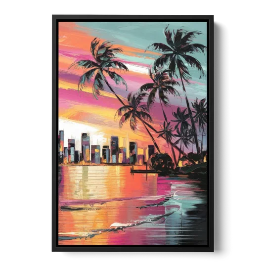 Miami Palm Trees and Sunset - Black Framed Canvas Wall Art - Front