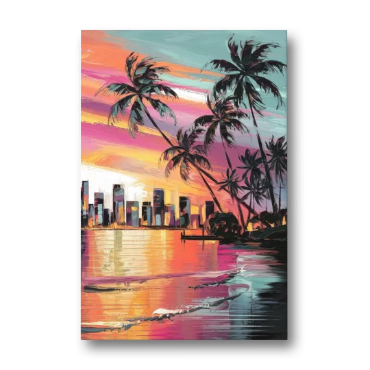 Miami Palm Trees and Sunset - Canvas Wall Art - Front