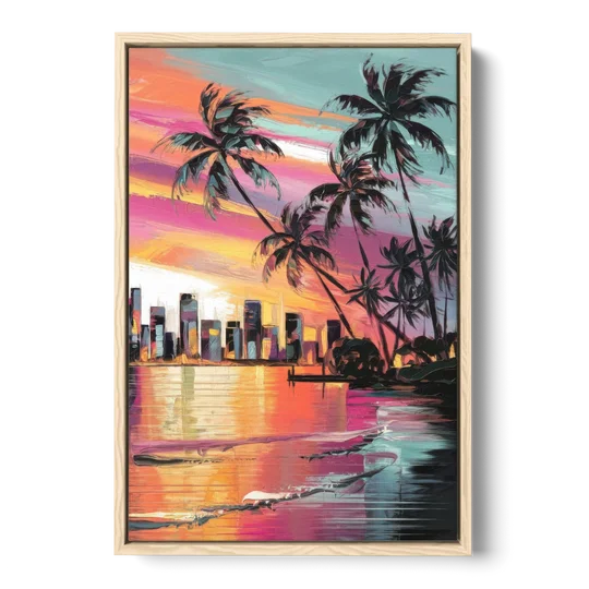 Miami Palm Trees and Sunset - Oak Framed Canvas Wall Art - Front