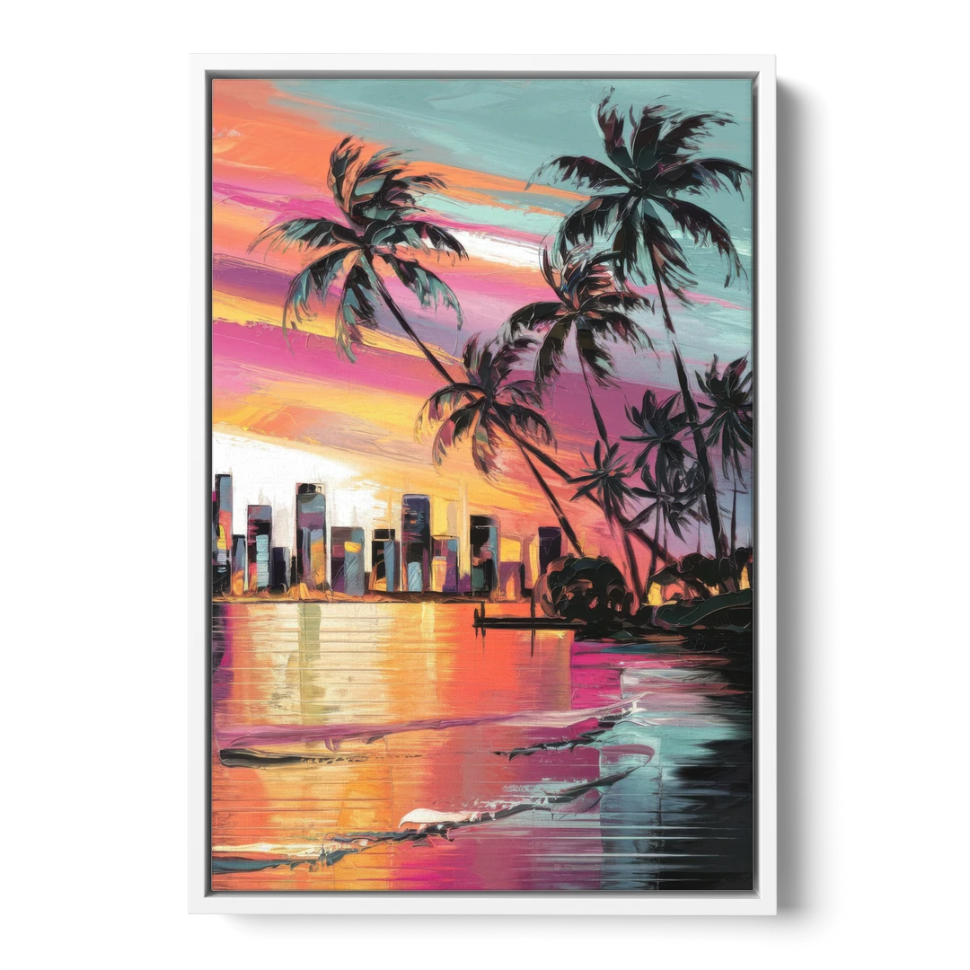 Miami Palm Trees and Sunset - White Framed Canvas Wall Art - Front