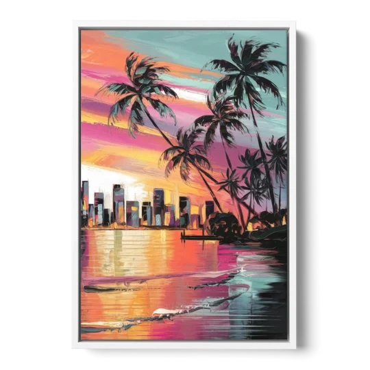 Miami Palm Trees and Sunset - White Framed Canvas Wall Art - Front