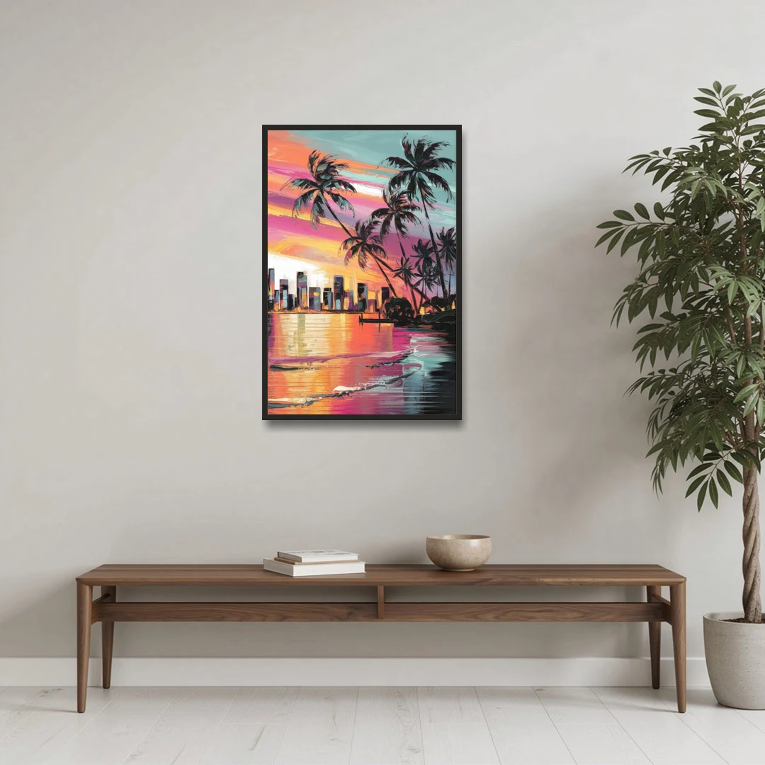 Miami Palm Trees and Sunset - Black Framed Canvas Wall Art - Coffee Table - 24x36