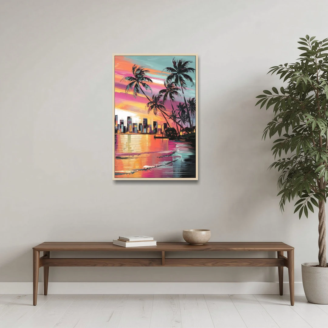 Miami Palm Trees and Sunset - Oak Framed Canvas Wall Art - Coffee Table - 24x36