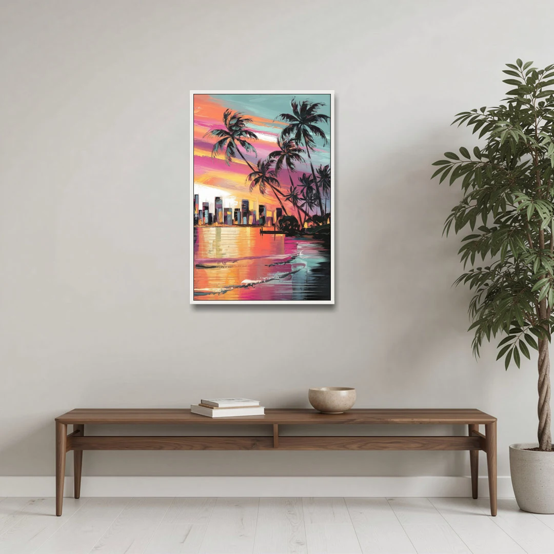 Miami Palm Trees and Sunset - White Framed Canvas Wall Art - Coffee Table - 24x36