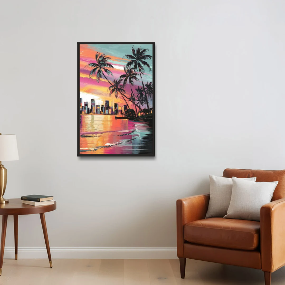 Miami Palm Trees and Sunset - Black Framed Canvas Wall Art - Sofa - 24x36