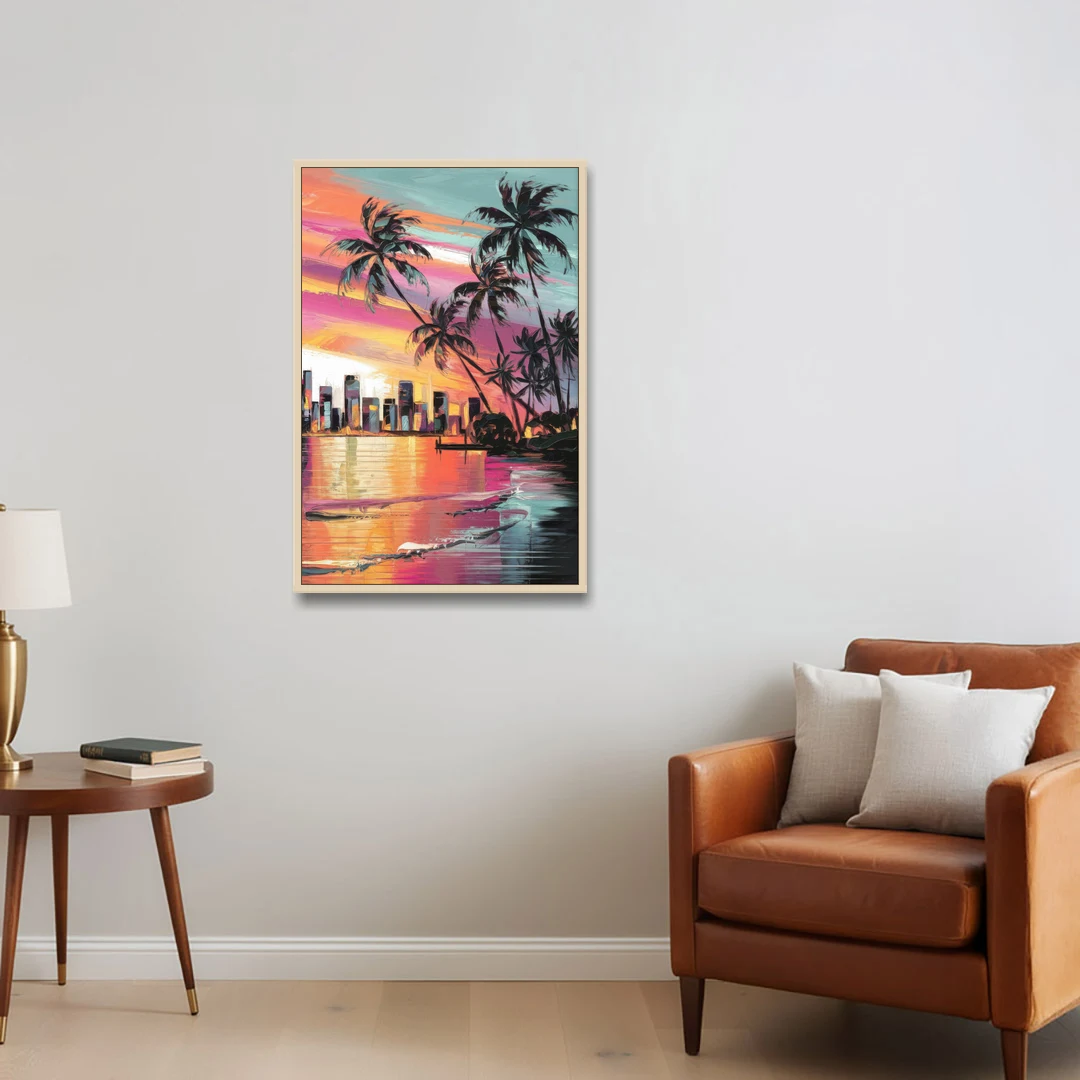 Miami Palm Trees and Sunset - Oak Framed Canvas Wall Art - Sofa - 24x36