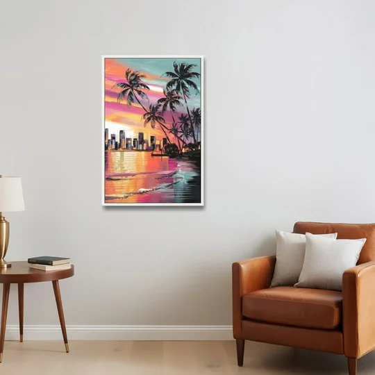 Miami Palm Trees and Sunset - White Framed Canvas Wall Art - Sofa - 24x36