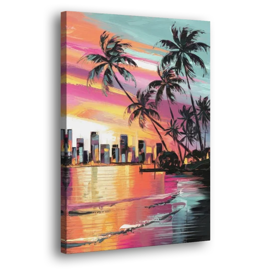 Miami Palm Trees and Sunset - Canvas Wall Art - Side