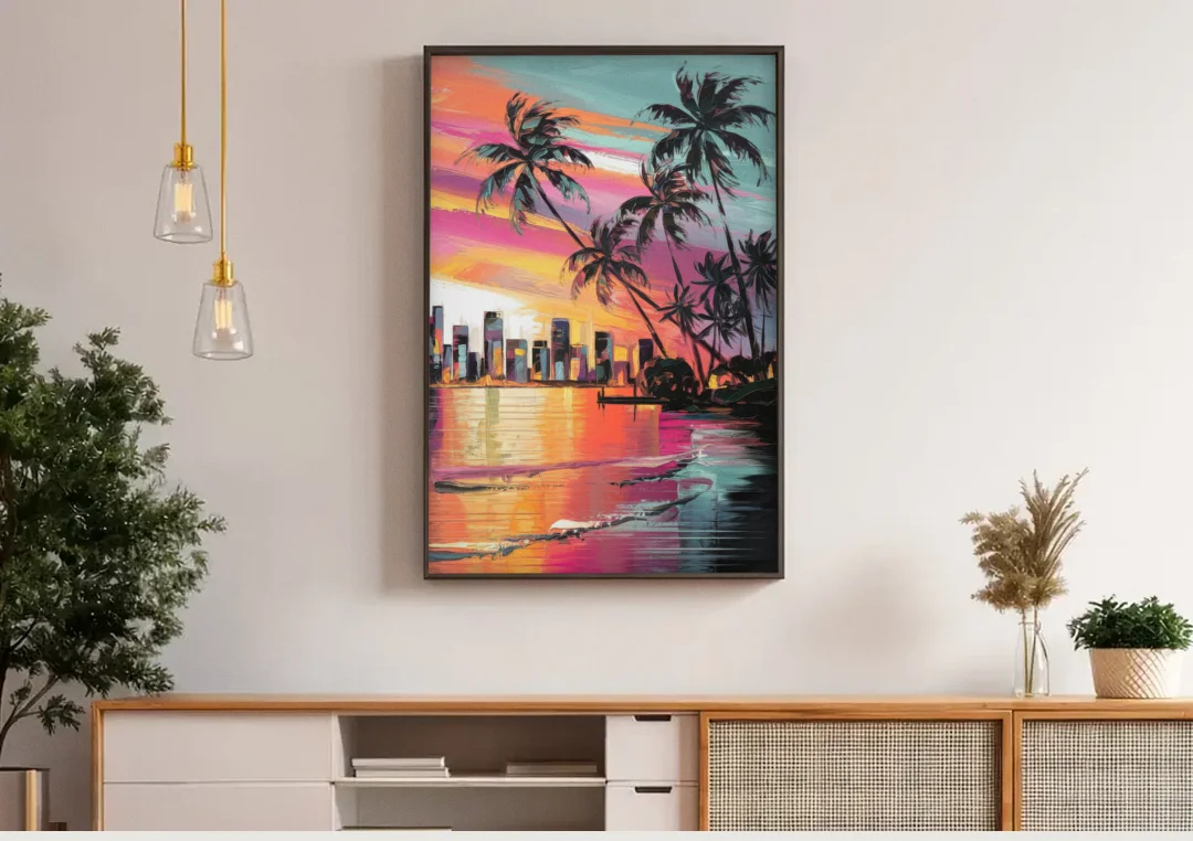 Miami Palm Trees and Sunset canvas wall art above a wooden sideboard under pendant lights
