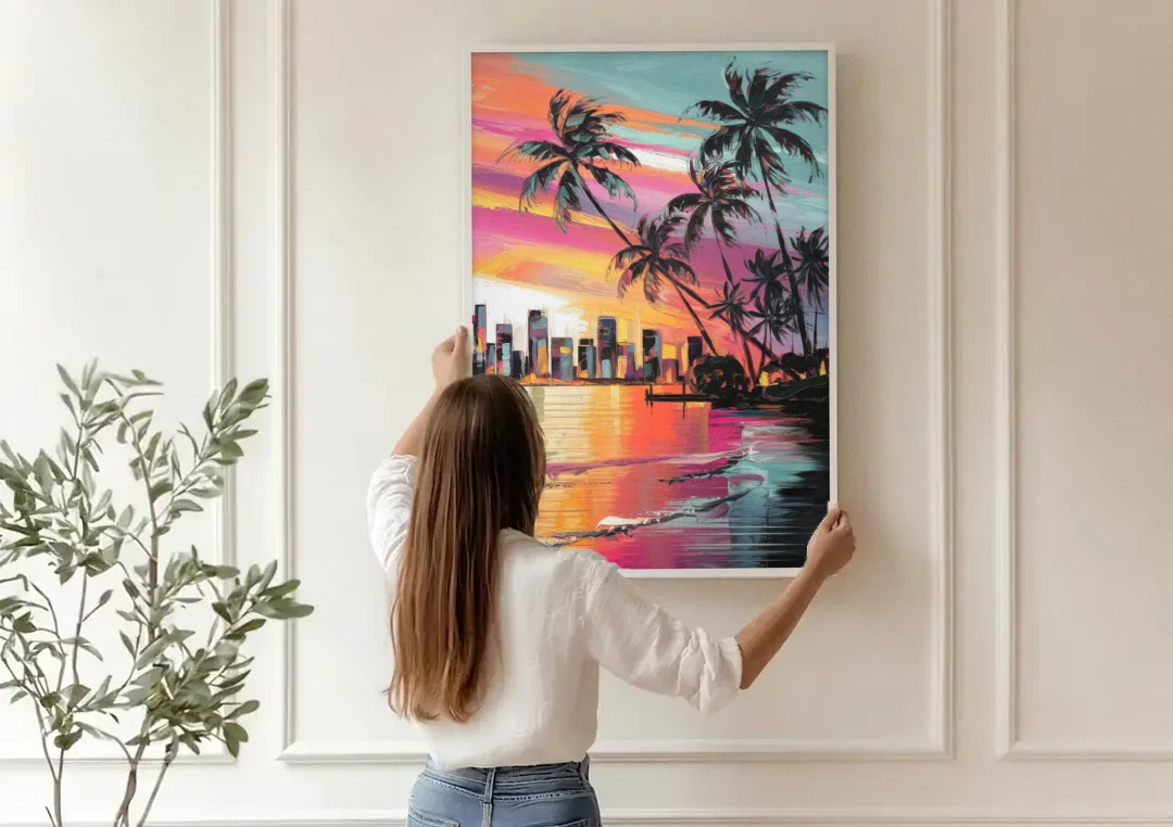 Miami Palm Trees and Sunset canvas wall art being hung on a paneled wall